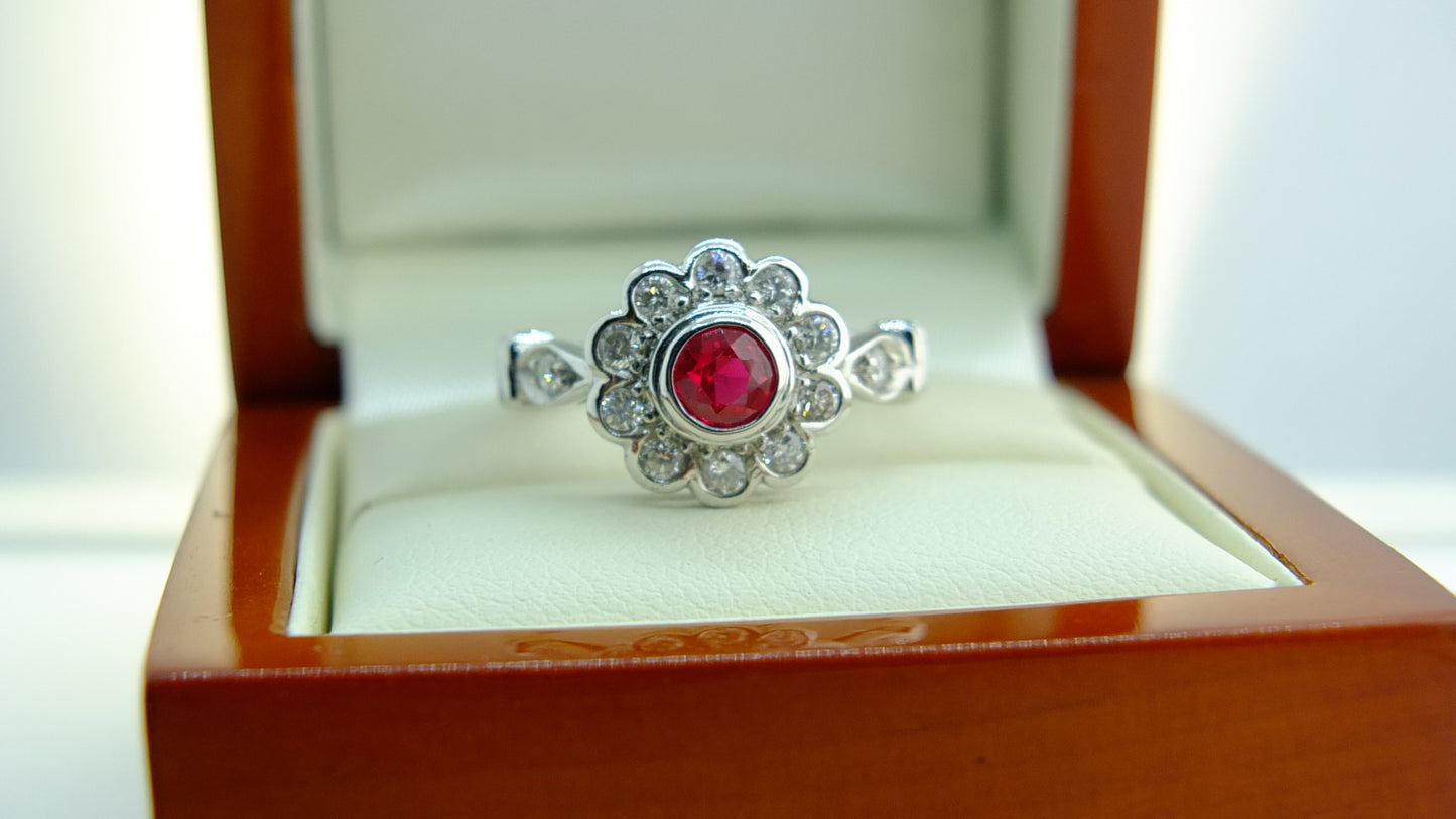 18 CT White Gold Ruby and diamonds ring