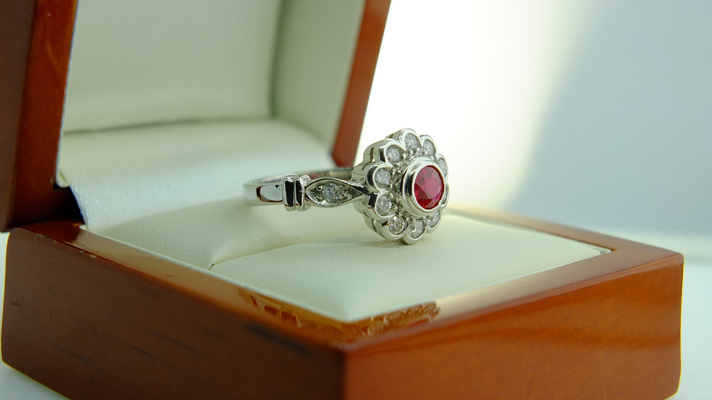 18 CT White Gold Ruby and diamonds ring