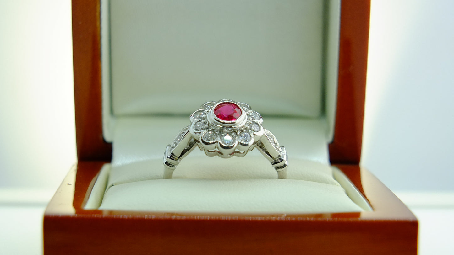 18 CT White Gold Ruby and diamonds ring