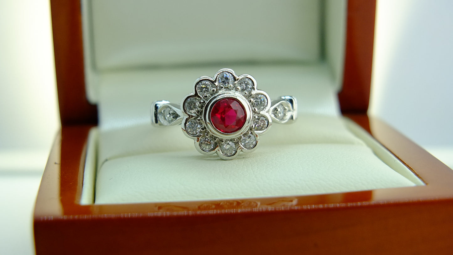 18 CT White Gold Ruby and diamonds ring