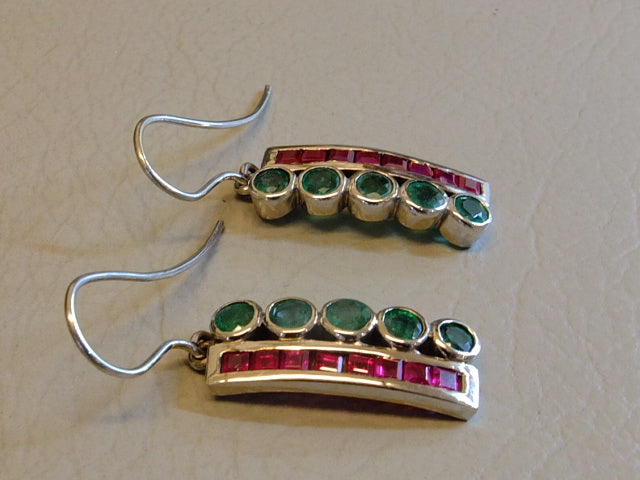 9ct White Gold Set Emerald and Ruby Earrings