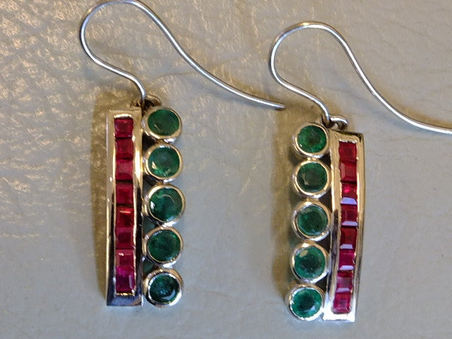 9ct White Gold Set Emerald and Ruby Earrings